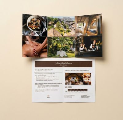 a folded brochure with photos of people having a meal in a restaurant