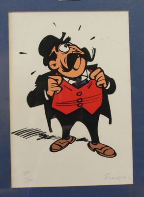 dessin humoristique représentant un homme portant un haut-de-forme, avec un cœur sur la poitrine
