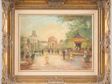 an oil painting of a city street scene with people walking by