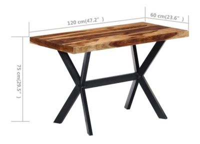 the table is made of wood and metal with a cross legs