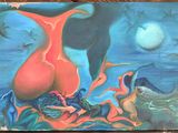 un tableau représentant un vase et des oiseaux posés sur une table