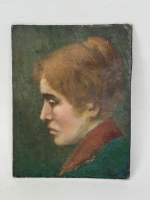 painting of a woman with red hair and a green shirt