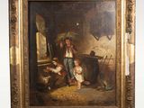 un vieux tableau représentant un homme et un enfant dans une grange