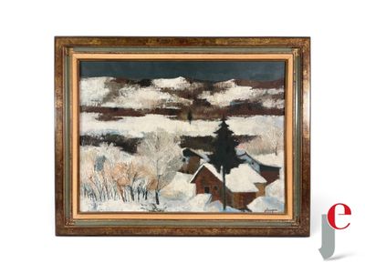 une image représentant une peinture d'une maison sous la neige