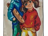 painting of a boy and a girl holding a baseball bat