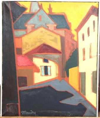 une photo d'un tableau représentant une rue avec des bâtiments