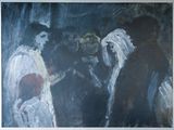 un tableau représentant un homme et une femme debout dans une pièce sombre