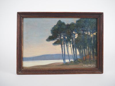 une peinture à l'huile représentant un paysage avec des arbres et un plan d'eau