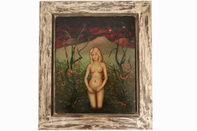 tableau représentant une femme nue dans un champ de fleurs, avec une montagne en arrière-plan
