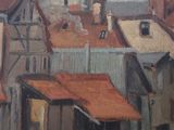 a painting of a building with a clock tower in the background