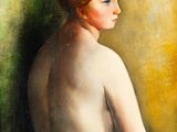 a painting of a woman with red hair and no shirt