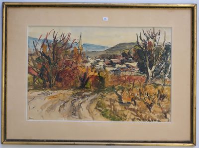 an image of a painting of a dirt road with trees in the background