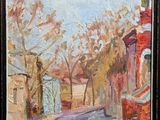 an oil painting of a street scene with a red fire hydrant in the foreground