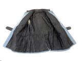 a black leather jacket with a blue lining on it