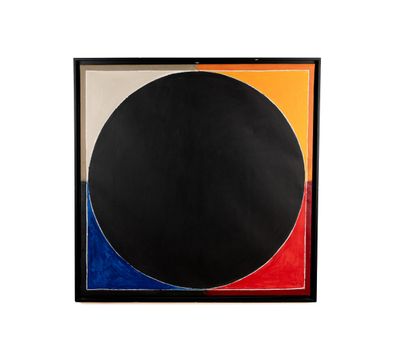 a painting of a black circle with a red, yellow, and blue circle