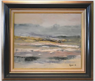 a painting of a painting of a beach scene with waves