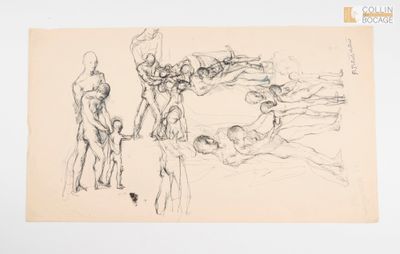 dessin représentant un groupe de personnes debout et assises dans une pièce