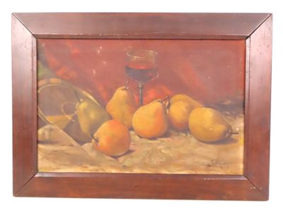 Ecole XXe. "Verre de vin et poires", huile sur toile, signée…