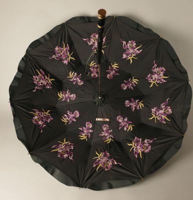 un parapluie noir orné de fleurs violettes, accroché au mur