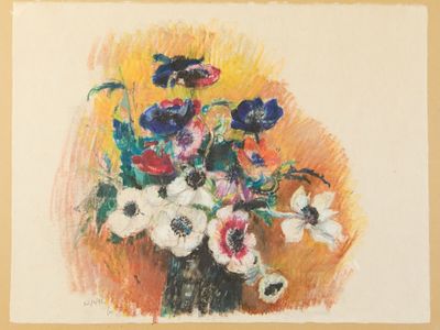 une peinture de fleurs dans un vase sur une table