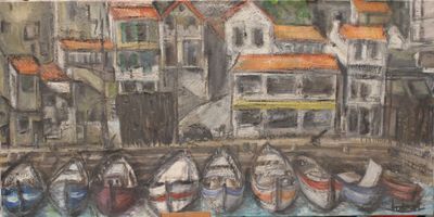 a painting of boats in a harbor with buildings in the background