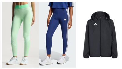 a woman in a blue top and green leggings and a black jacket