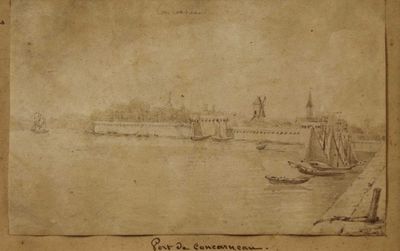 dessin représentant une vue sur une rivière, avec un pont et un château en arrière-plan