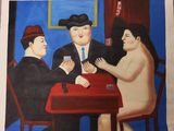 a painting of three men playing cards at a table