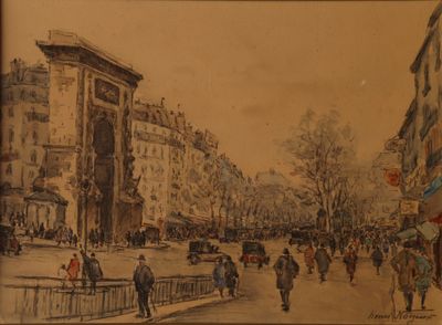 painting of people walking down a street in a city with tall buildings
