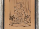dessin représentant une enfant assise sur une chaise, avec un vase de fleurs devant elle