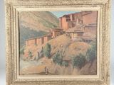 an oil painting of a village on a hill with a man standing in front of it