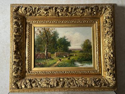 peinture représentant un paysage avec des vaches dans un champ et un ruisseau