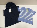 two pairs of baby clothes are on a white table