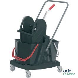 le chariot pour serpillière et seau est noir avec des poignées rouges