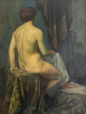 painting of a nude woman sitting on a bed in a room