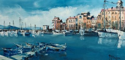 une peinture de bateaux dans un port avec des bâtiments à l'arrière-plan