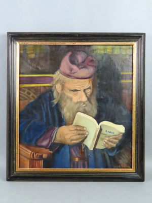 an oil painting of a man reading a book in a chair