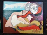 un tableau représentant une femme assise sur une chaise rouge