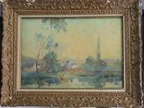une image d'un tableau représentant un paysage dans un cadre doré