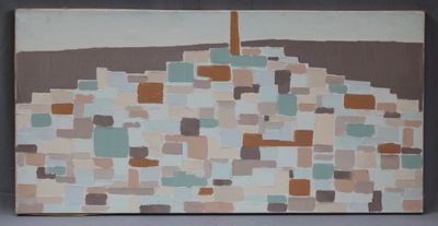une peinture abstraite représentant un bâtiment surmonté d'une croix