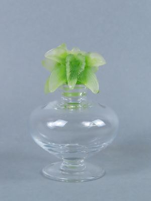un petit vase en verre contenant une fleur verte