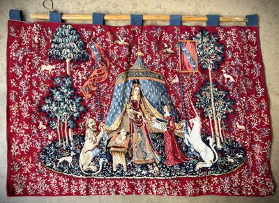 an image of a tapestry hanging on the wall of a room