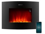 an electric fireplace with a phone next to it