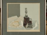 a picture of a painting of a bottle of wine on a table
