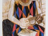 tableau représentant un homme assis sur une chaise en train de jouer de la guitare