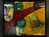 peinture abstraite représentant un homme avec une guitare, dans un cadre noir