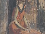 painting of a woman in a red dress sitting on a chair