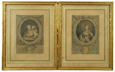 two framed pictures of a child and a dog in a gold frame