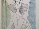dessin représentant une femme assise sur une chaise, avec une guitare devant elle