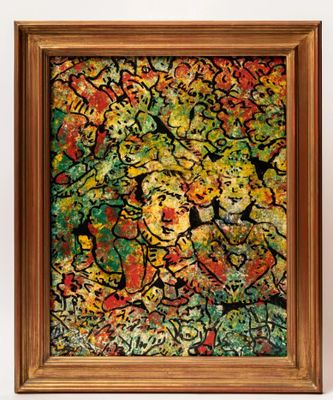 a painting of a bunch of colorful flowers in a wooden frame